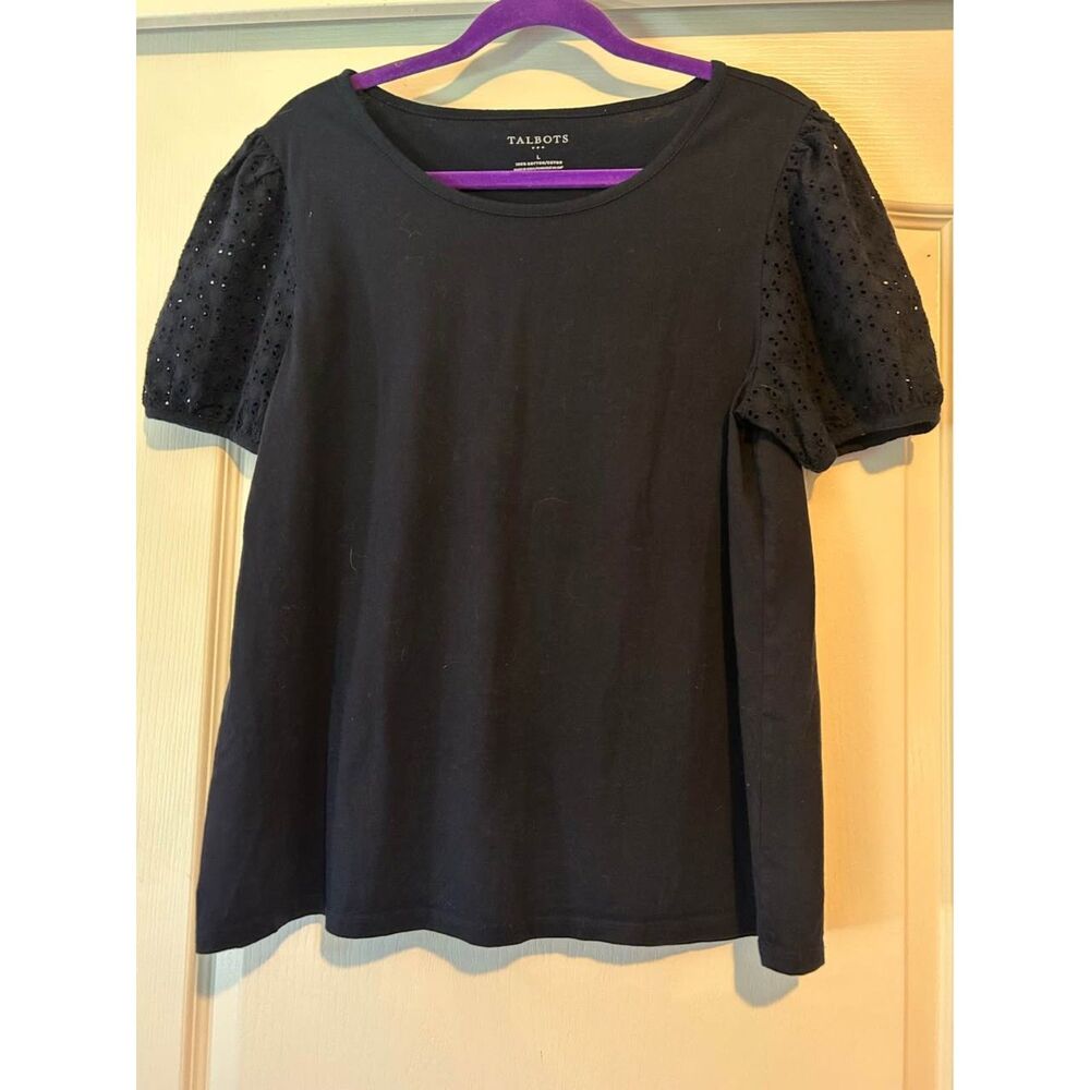 Talbots dark navy almost black eyelet lace puff sleeve shirt top woman’s L